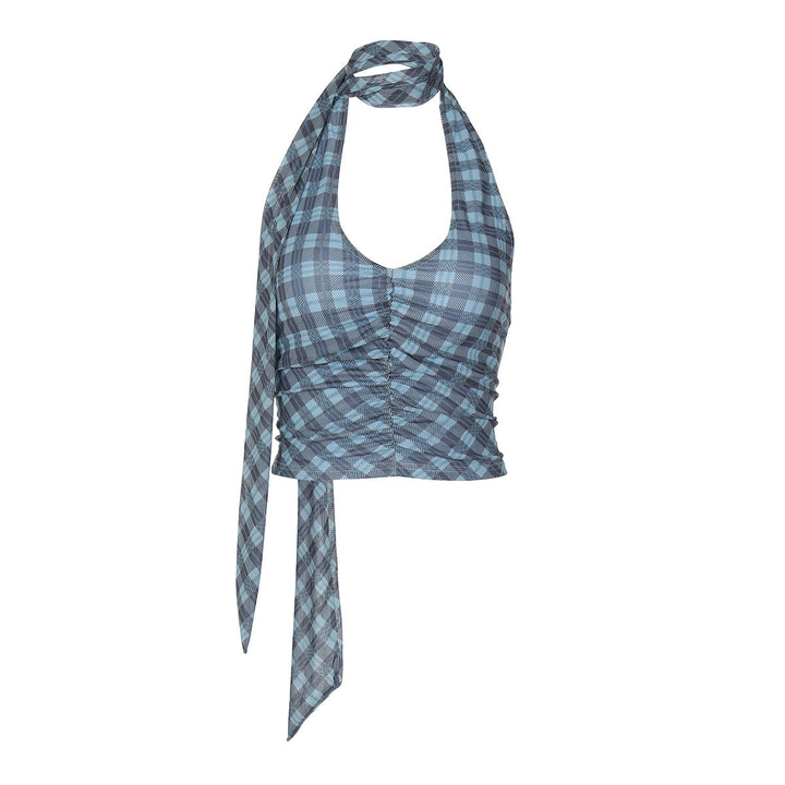 Halter u neck plaid ruched backless top  | Festival Outfits Women-final-sale