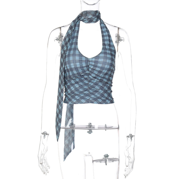 Halter u neck plaid ruched backless top  | Festival Outfits Women-final-sale