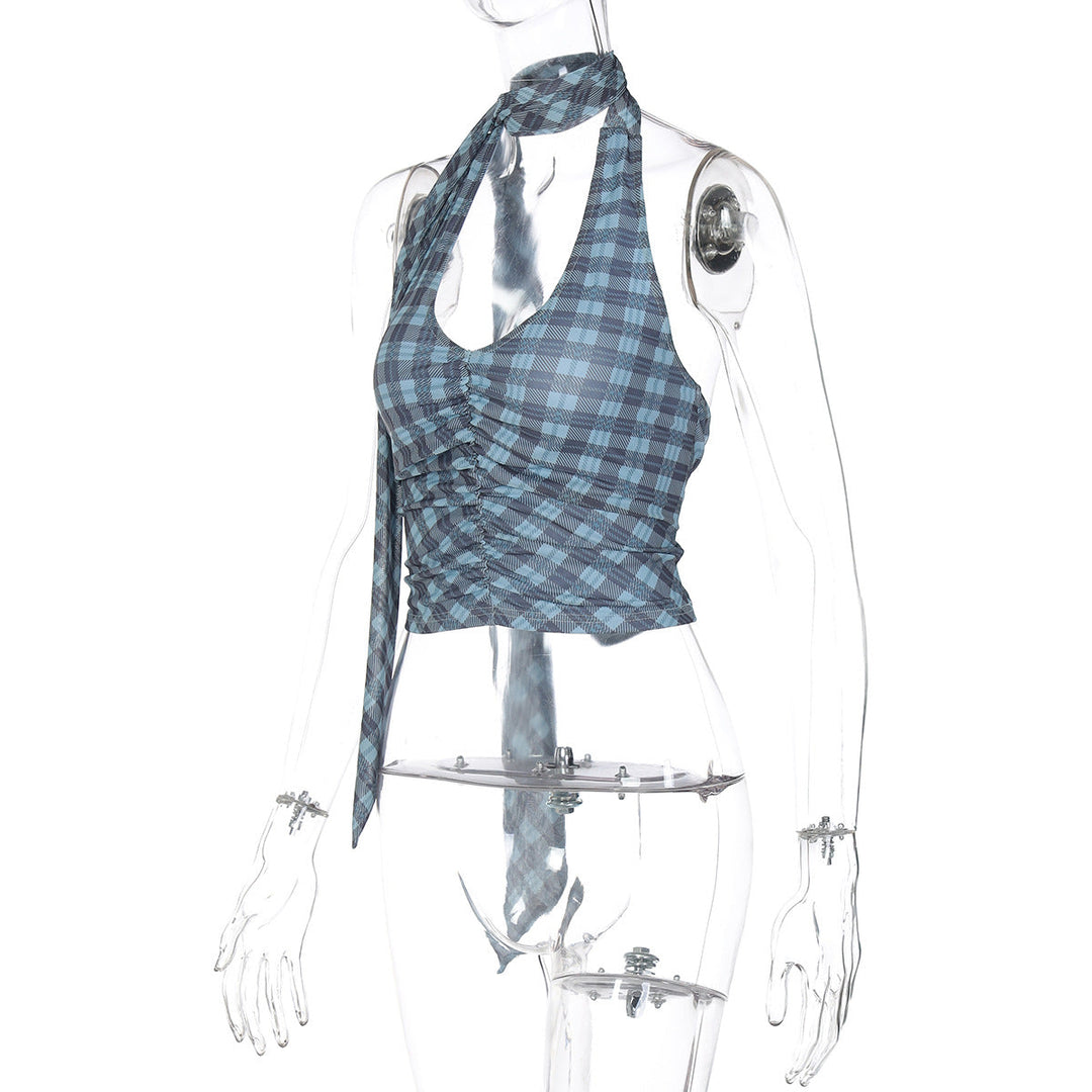 Halter u neck plaid ruched backless top  | Festival Outfits Women-final-sale