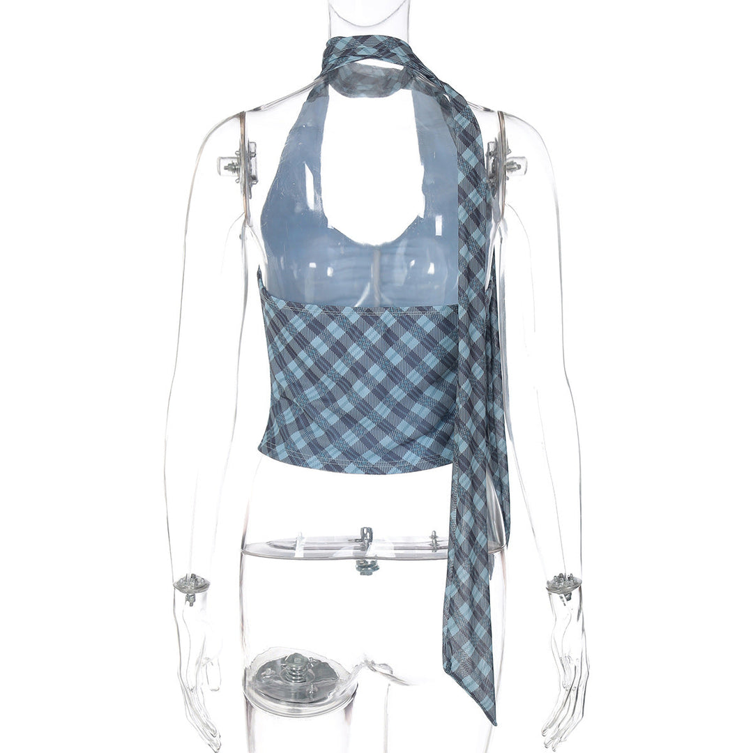 Halter u neck plaid ruched backless top  | Festival Outfits Women-final-sale