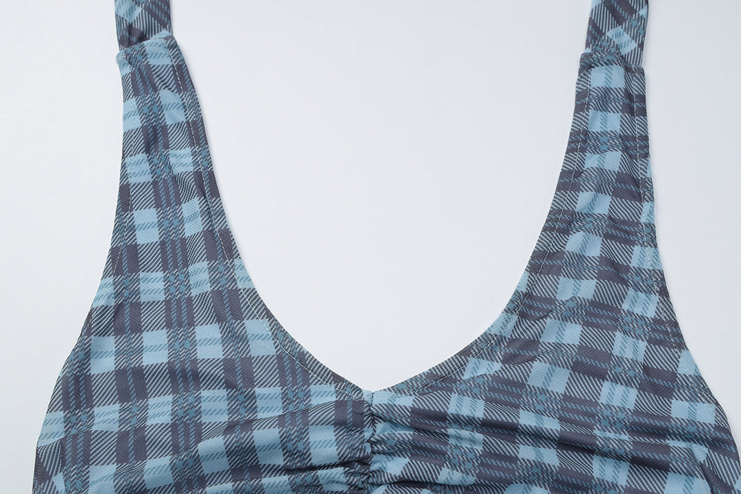 Halter u neck plaid ruched backless top  | Festival Outfits Women-final-sale