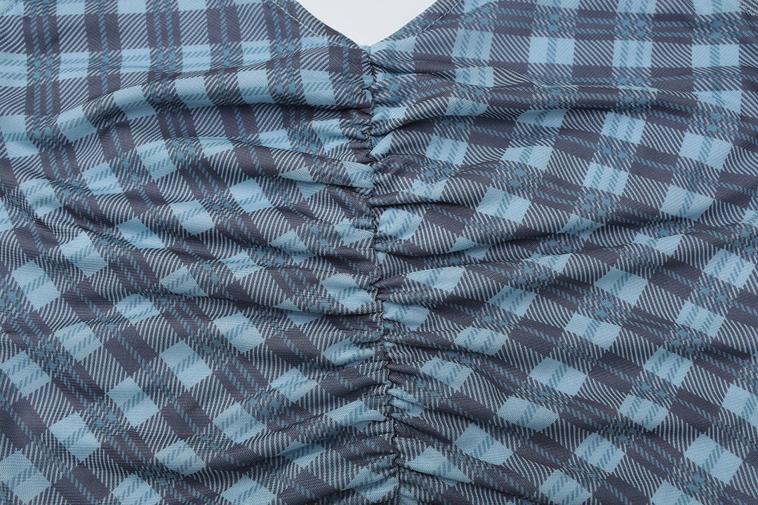 Halter u neck plaid ruched backless top  | Festival Outfits Women-final-sale