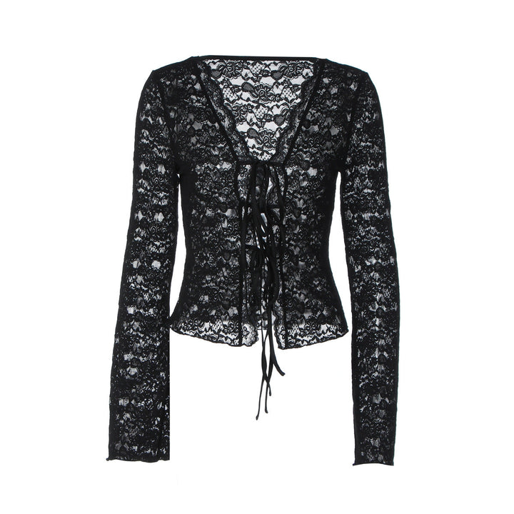 V neck long sleeve lace see through self tie top  | Festival Outfits Women