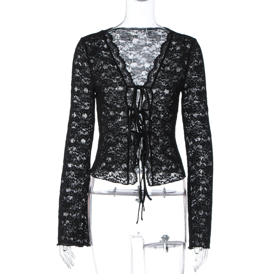 V neck long sleeve lace see through self tie top  | Festival Outfits Women