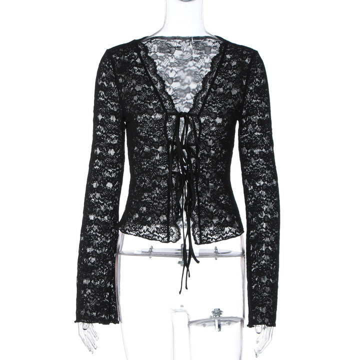 V neck long sleeve lace see through self tie top  | Festival Outfits Women