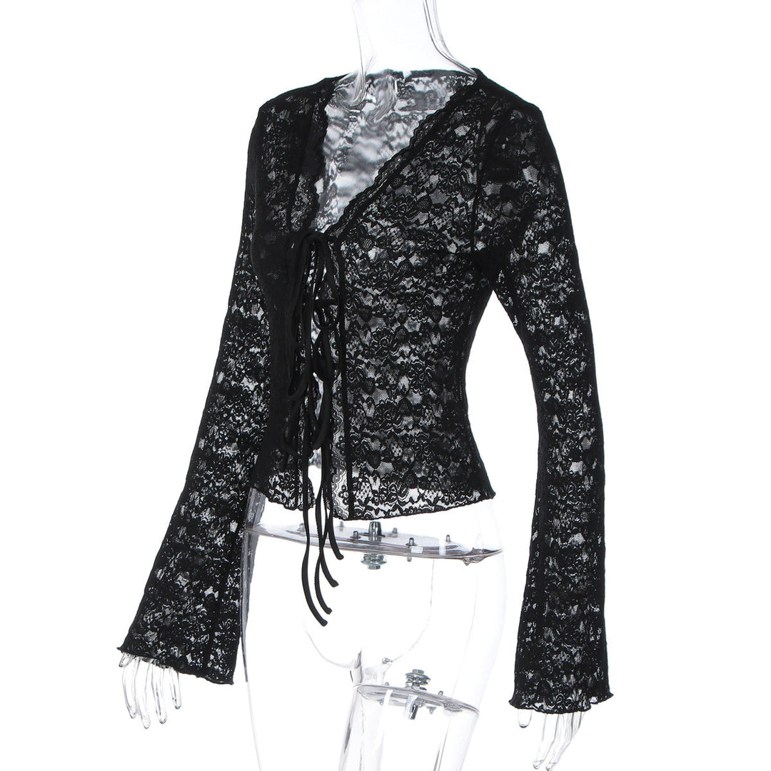 V neck long sleeve lace see through self tie top  | Festival Outfits Women