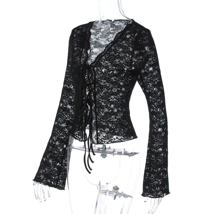 V neck long sleeve lace see through self tie top  | Festival Outfits Women