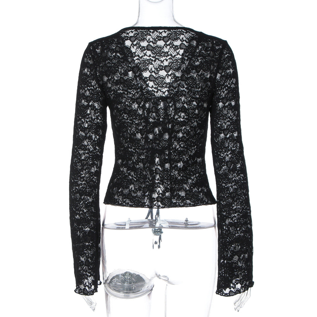 V neck long sleeve lace see through self tie top  | Festival Outfits Women