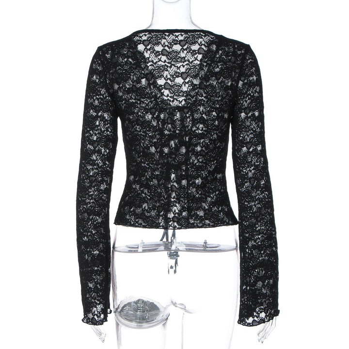 V neck long sleeve lace see through self tie top  | Festival Outfits Women