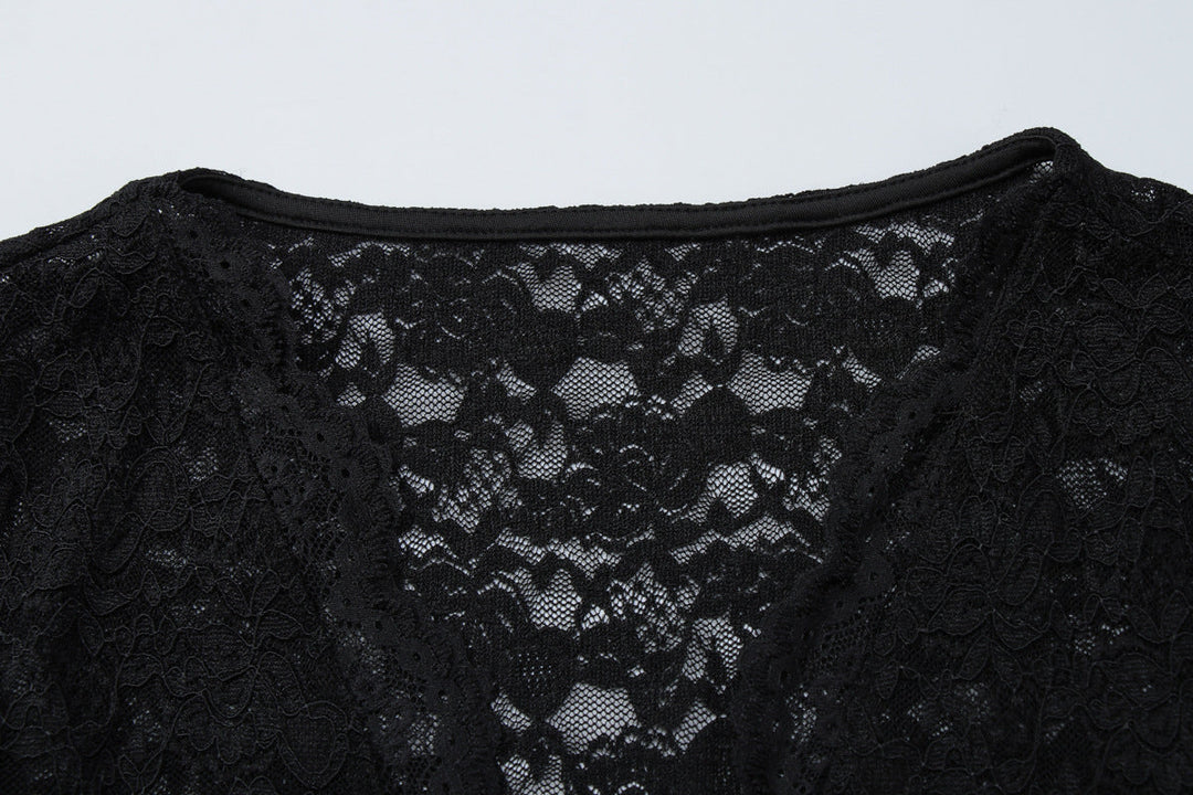 V neck long sleeve lace see through self tie top  | Festival Outfits Women