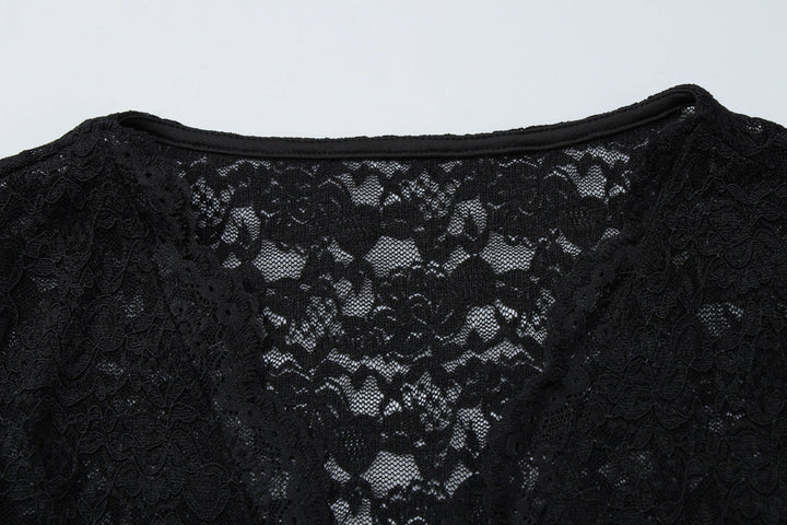 V neck long sleeve lace see through self tie top  | Festival Outfits Women