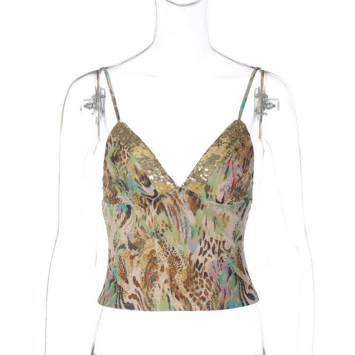 Glitter v neck print backless cami top  | Festival Outfits Women