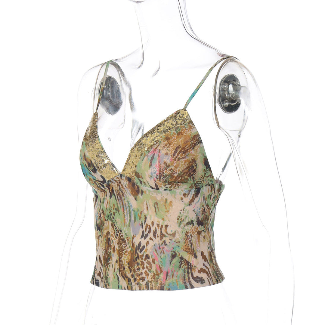 Glitter v neck print backless cami top  | Festival Outfits Women