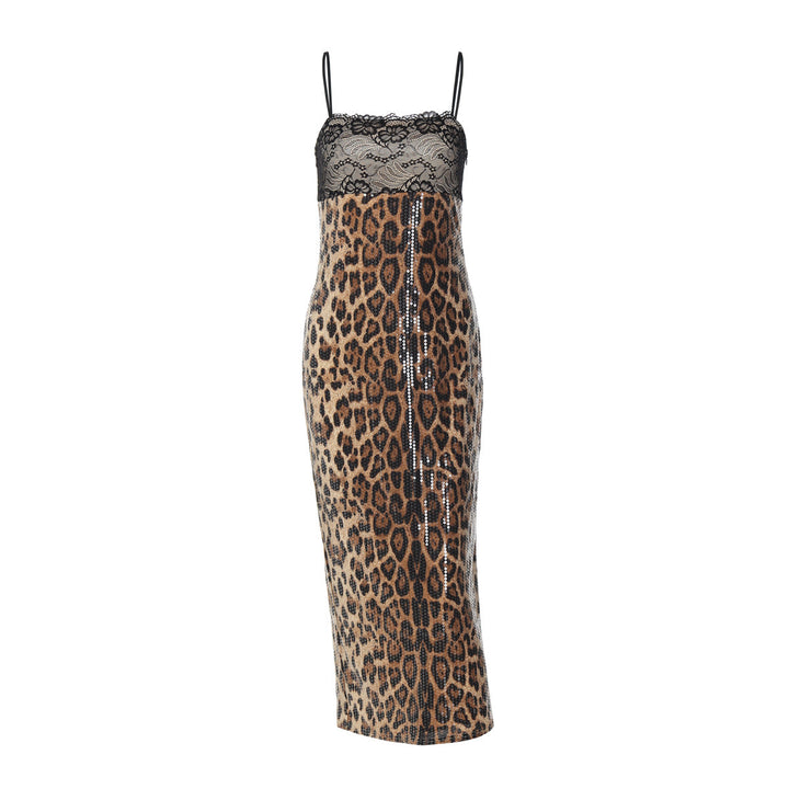 Leopard print glitter slit lace cami midi dress  | Festival Outfits Women