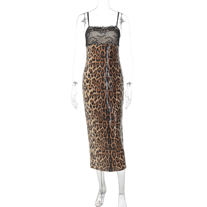Leopard print glitter slit lace cami midi dress  | Festival Outfits Women
