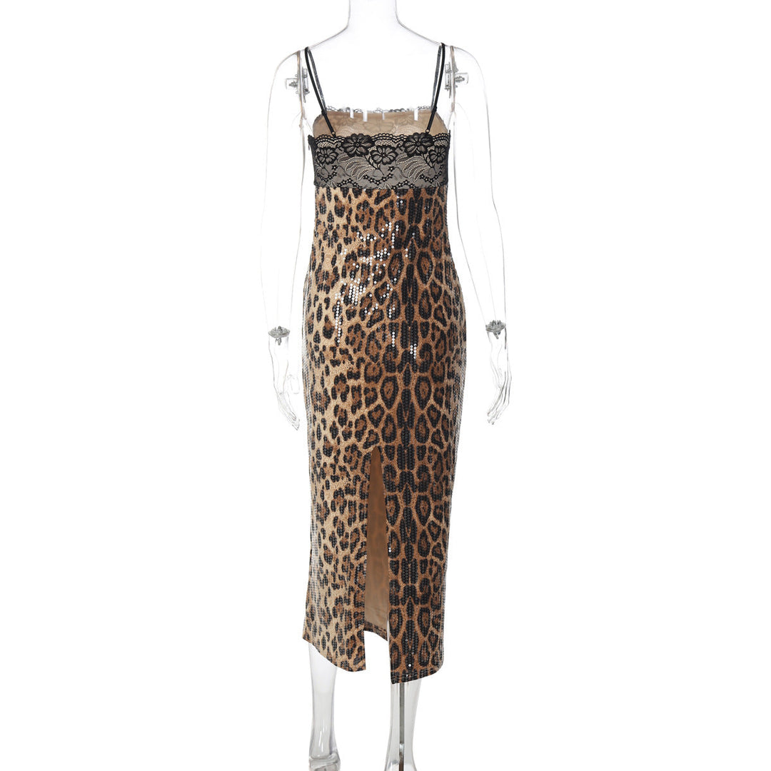Leopard print glitter slit lace cami midi dress  | Festival Outfits Women