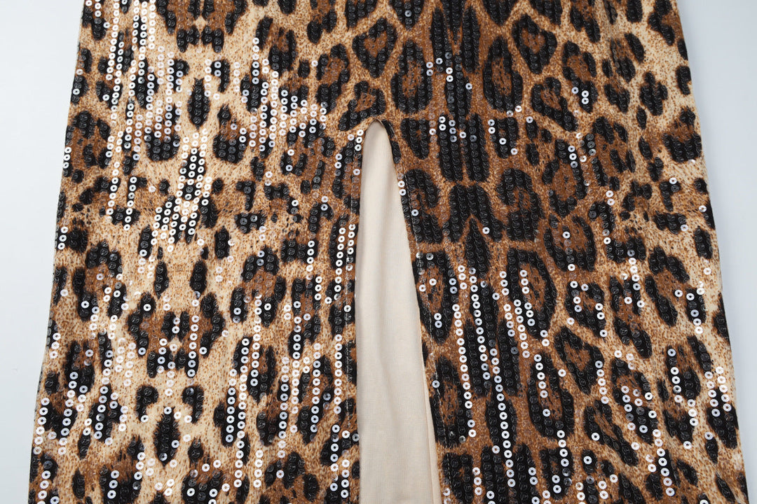 Leopard print glitter slit lace cami midi dress  | Festival Outfits Women