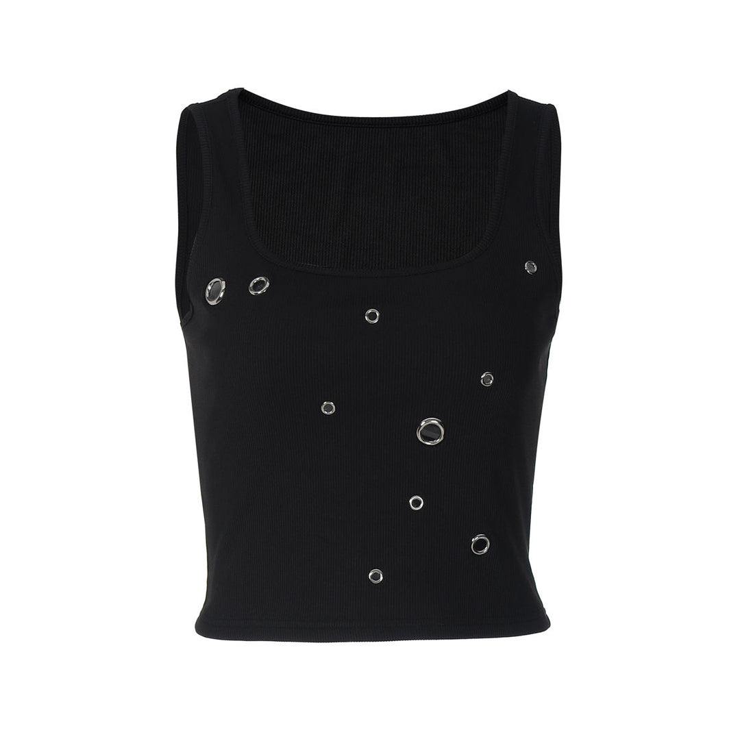 Ribbed square neck hollow out solid tank cut out top  | Festival Outfits Women