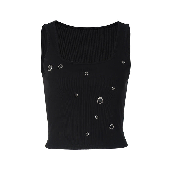 Ribbed square neck hollow out solid tank cut out top  | Festival Outfits Women