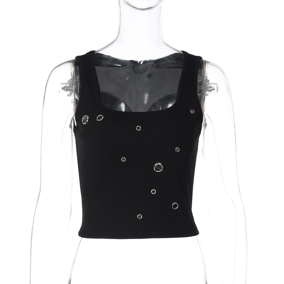 Ribbed square neck hollow out solid tank cut out top  | Festival Outfits Women