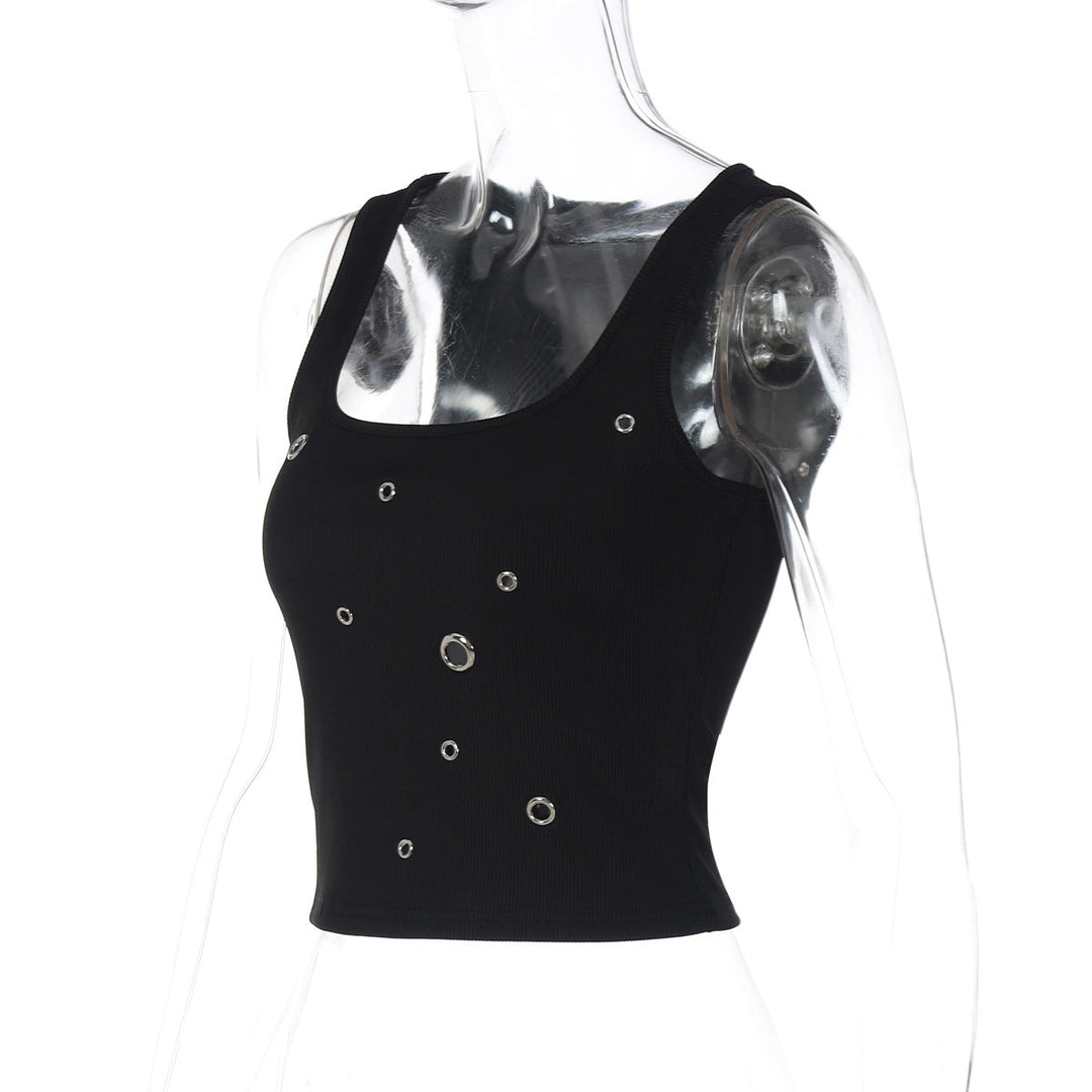 Ribbed square neck hollow out solid tank cut out top  | Festival Outfits Women