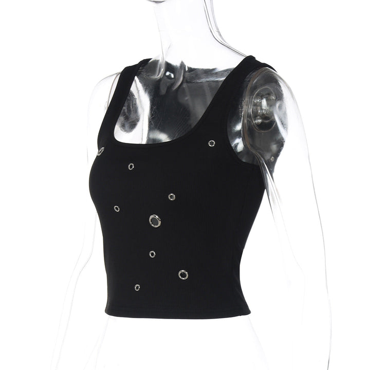 Ribbed square neck hollow out solid tank cut out top  | Festival Outfits Women