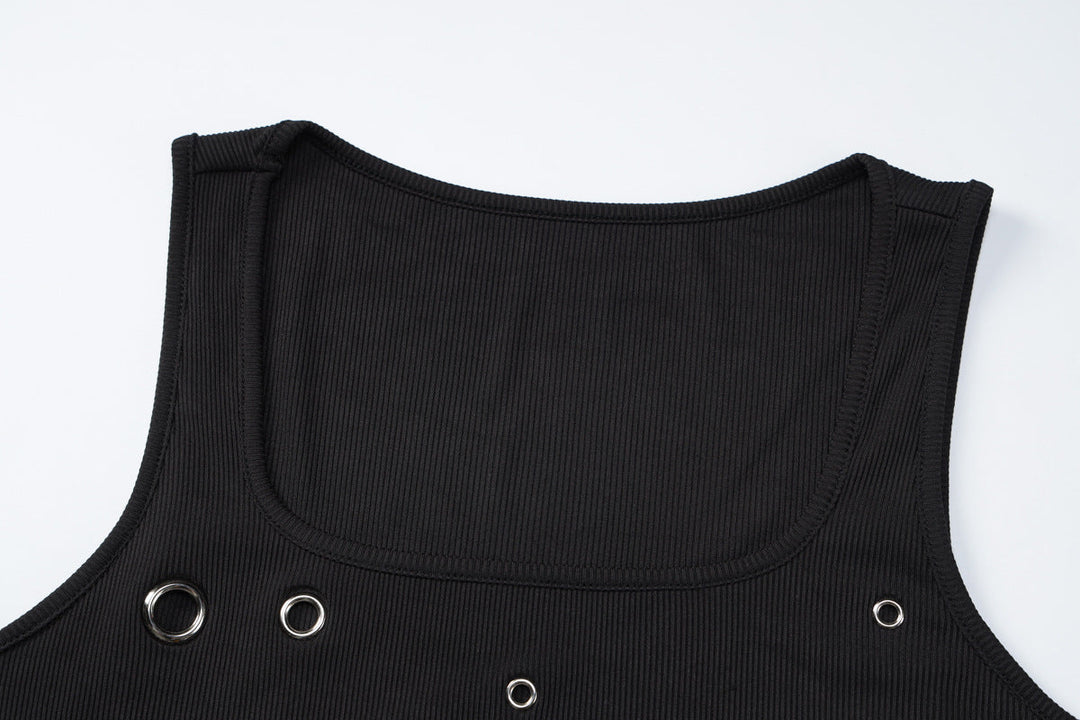 Ribbed square neck hollow out solid tank cut out top  | Festival Outfits Women