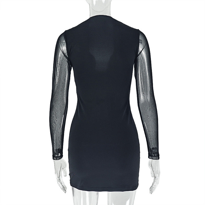 Long sleeve mesh patchwork padded mini dress  | Festival Outfits Women