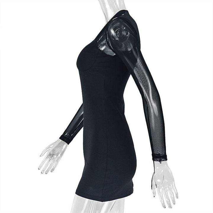 Long sleeve mesh patchwork padded mini dress  | Festival Outfits Women
