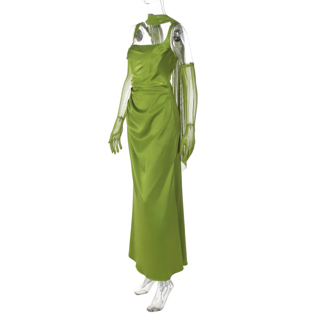 Square neck gloves ruched cami maxi dress  | Festival Outfits Women