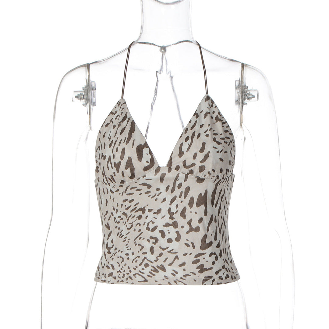 Leopard print v neck halter backless top  | Festival Outfits Women  | Cheetah Print Top