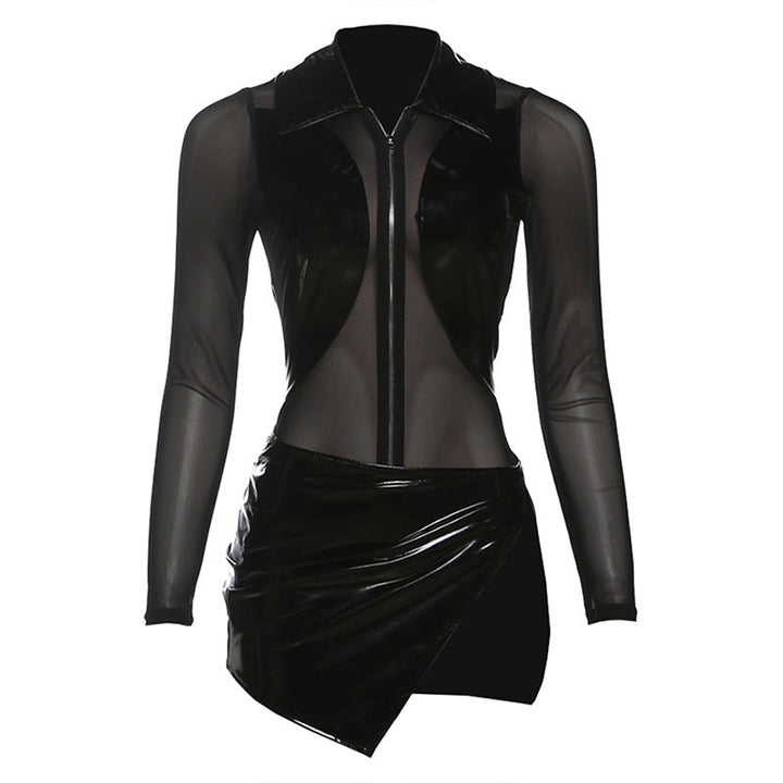 Long sleeve turnover collar PU leather mini skirt set Cargo Mini Skirt  | Festival Outfits Women