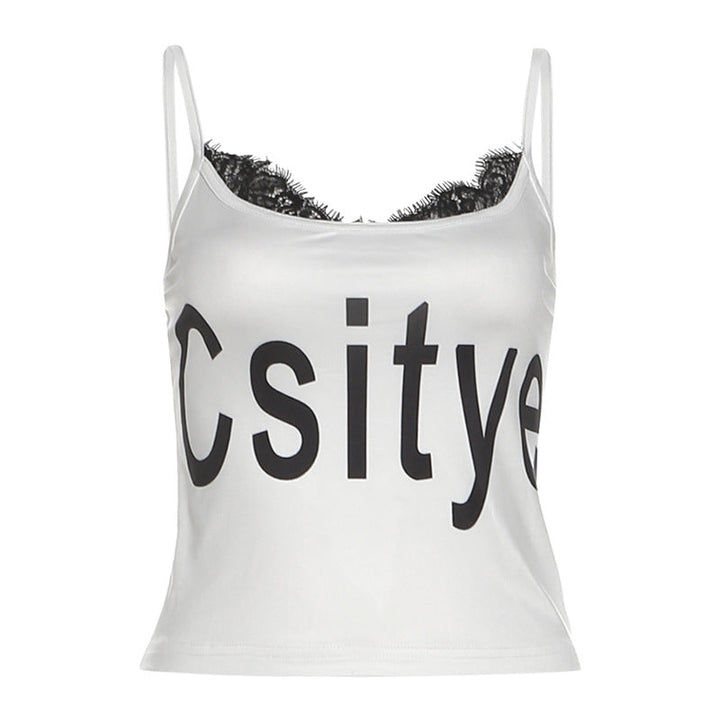 U neck lace hem letter print cami top  | Festival Outfits Women