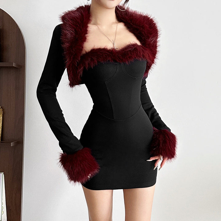Long sleeve fluffy shrug 2 piece mini dress  | Festival Outfits Women