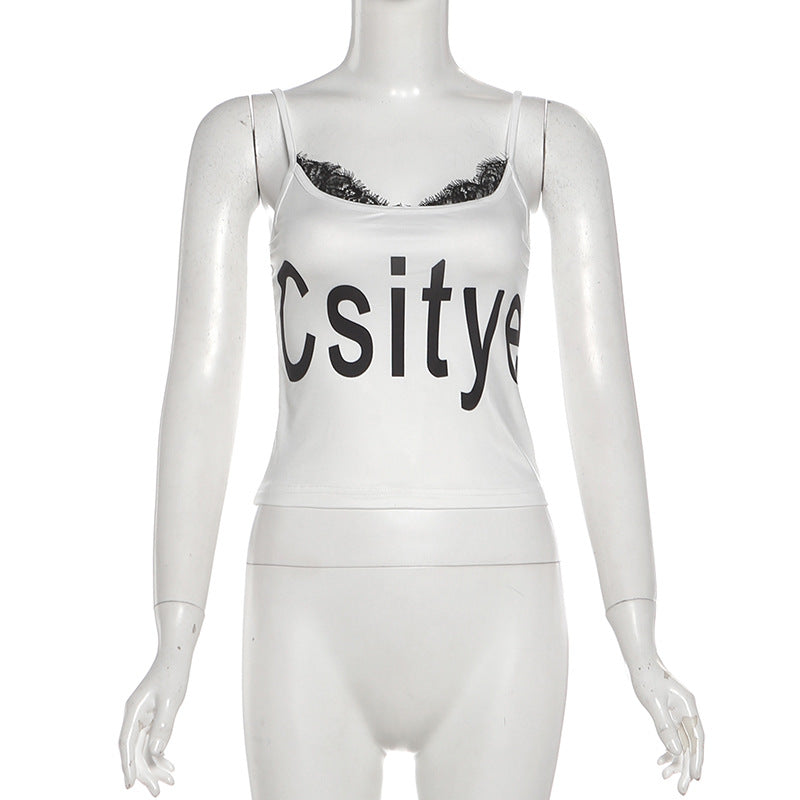U neck lace hem letter print cami top  | Festival Outfits Women