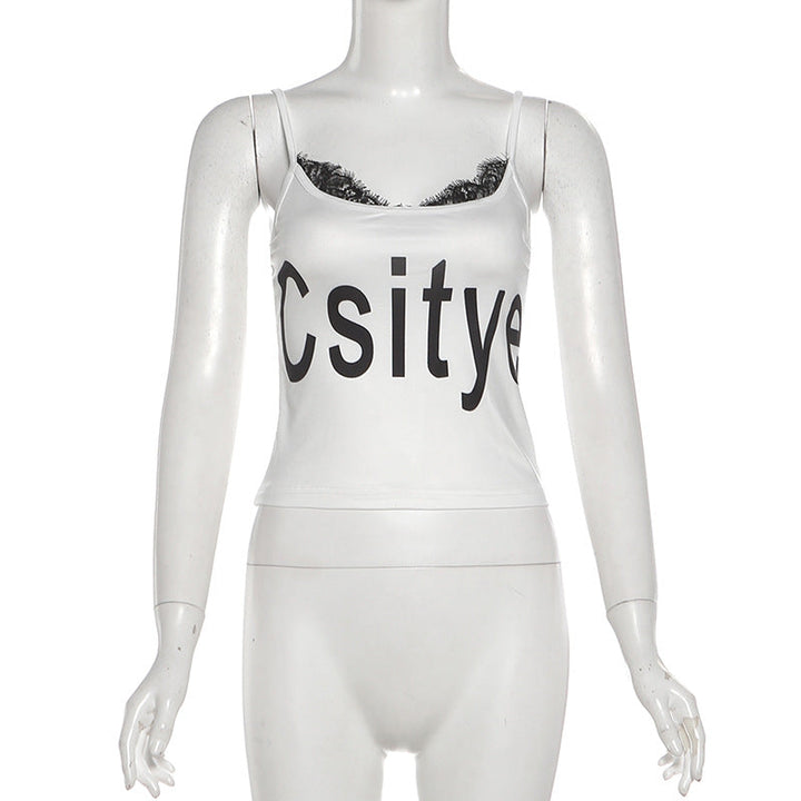 U neck lace hem letter print cami top  | Festival Outfits Women