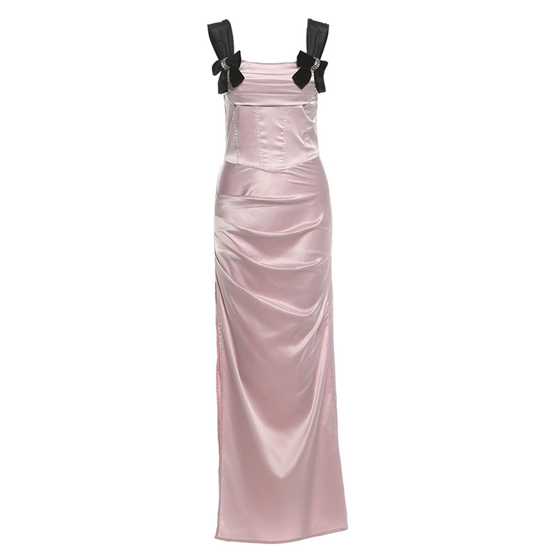 Square neck bowknot ruched slit maxi dress  | Festival Outfits Women