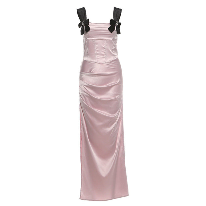 Square neck bowknot ruched slit maxi dress  | Festival Outfits Women