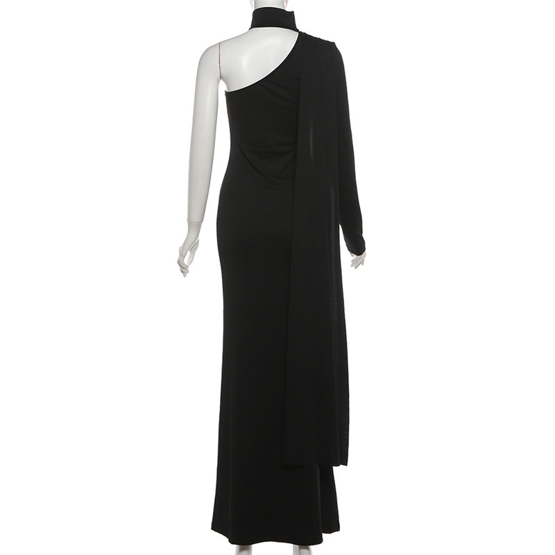 High neck one shoulder solid maxi dress  | Festival Outfits Women