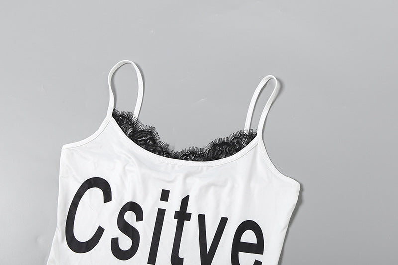 U neck lace hem letter print cami top  | Festival Outfits Women