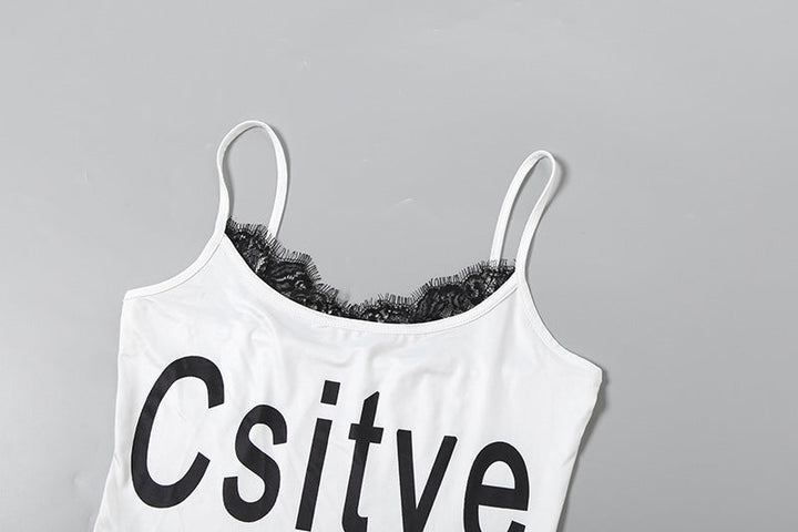 U neck lace hem letter print cami top  | Festival Outfits Women
