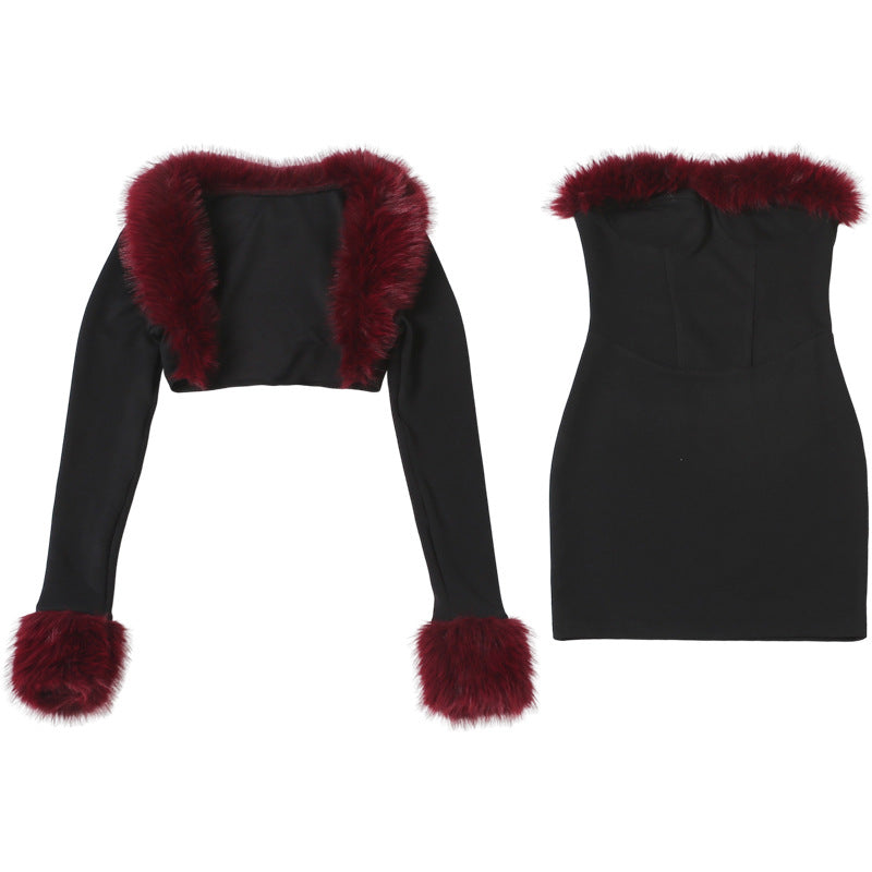 Long sleeve fluffy shrug 2 piece mini dress  | Festival Outfits Women