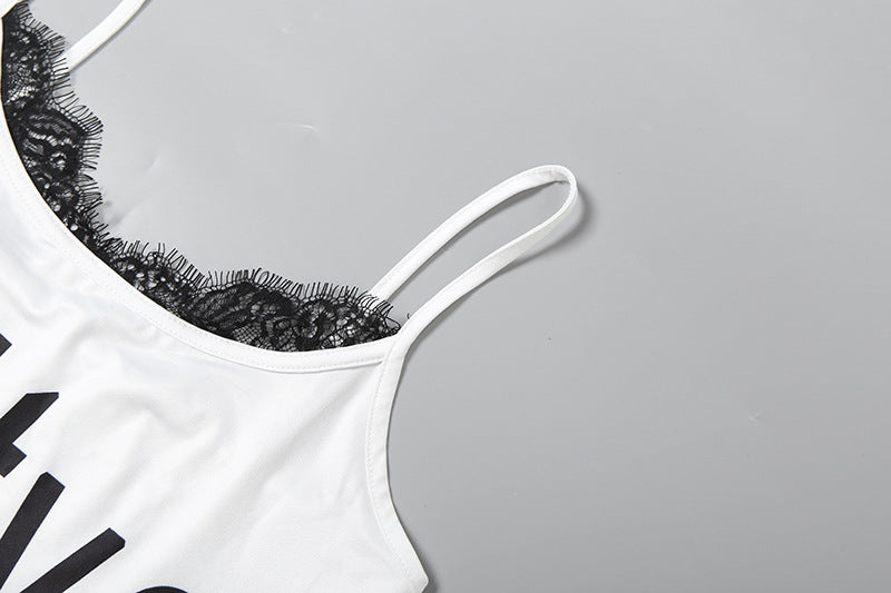 U neck lace hem letter print cami top  | Festival Outfits Women