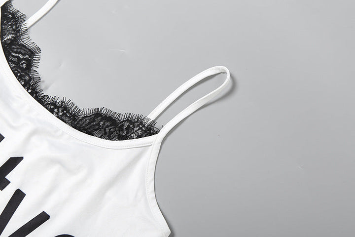 U neck lace hem letter print cami top  | Festival Outfits Women