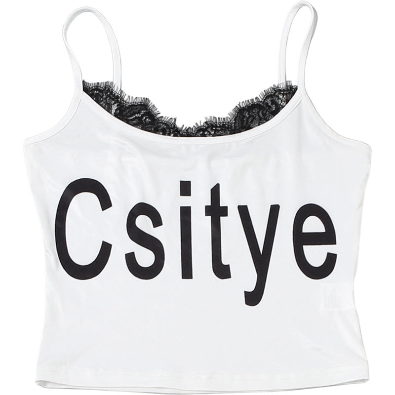 U neck lace hem letter print cami top  | Festival Outfits Women