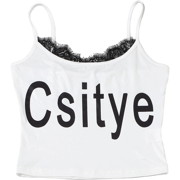 U neck lace hem letter print cami top  | Festival Outfits Women