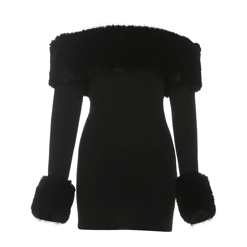 Off shoulder long sleeve fluffy mini dress  | Festival Outfits Women