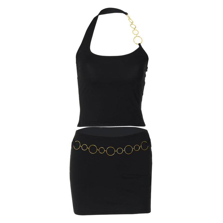 Halter metal chain u neck solid mini skirt set  | Festival Outfits Women