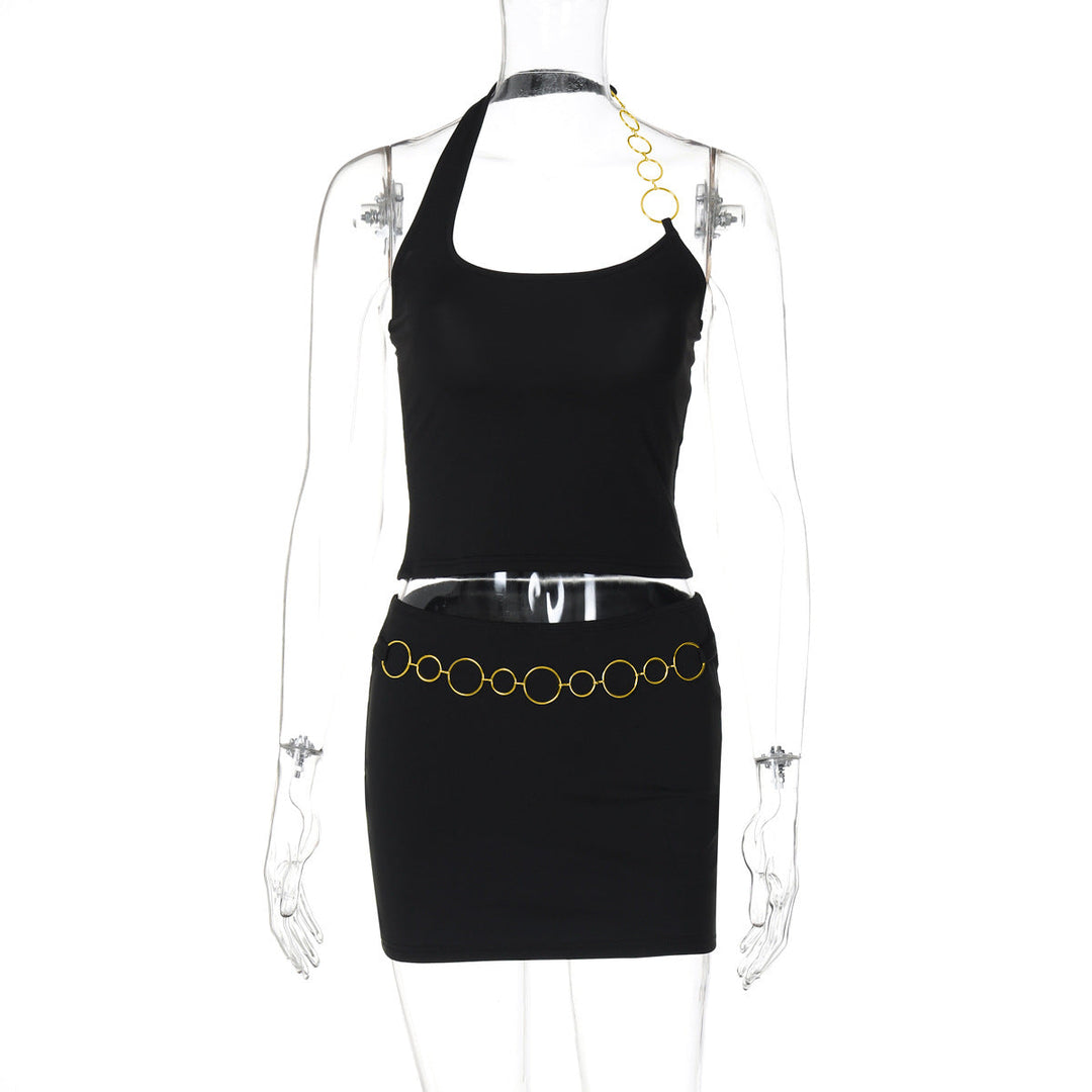 Halter metal chain u neck solid mini skirt set  | Festival Outfits Women