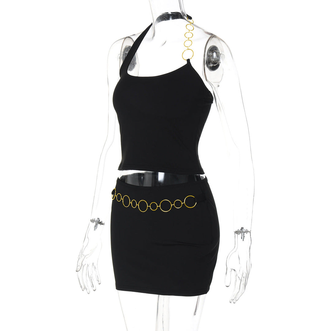 Halter metal chain u neck solid mini skirt set  | Festival Outfits Women